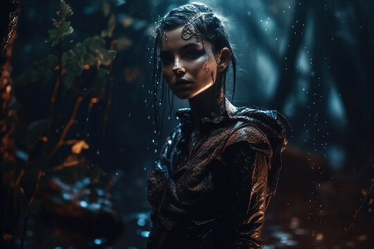 A large portrait of a fantastic dark elf or dryad in heavy armor, with white hair against a forest background. illustration of Generative AI.