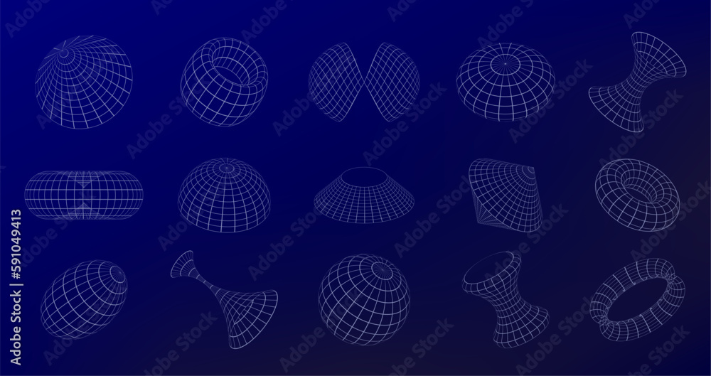 Poster wireframe geometric shapes. grid retrofuturistic shapes arranged in perspective with sense of depth 