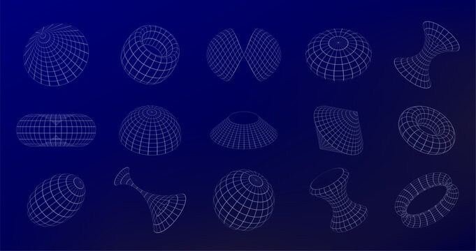 Wireframe Geometric Shapes. Grid retrofuturistic shapes arranged in perspective with sense of depth and dimension. Vector 3D complex abstract forms set