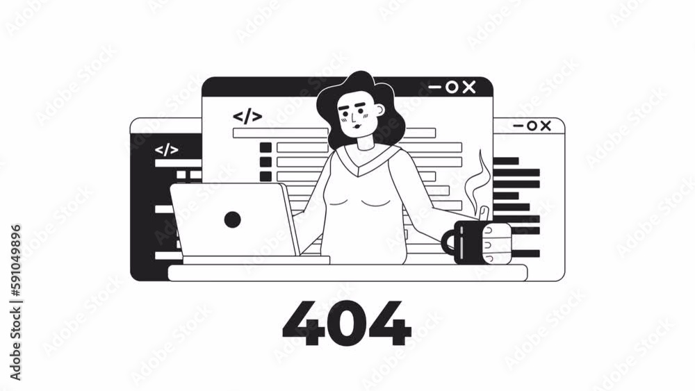 Poster animated bw writing code 404 error. bug in script. empty state 4k video footage with alpha channel t