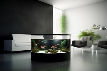 Modern interior with a around aquarium