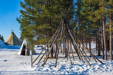 Sami village in Kiruna in Sweden. Lapland with reindeer and huts