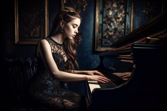 A young woman in a long black dress playing piano. Gothic illustration. Created with Generative AI technology.