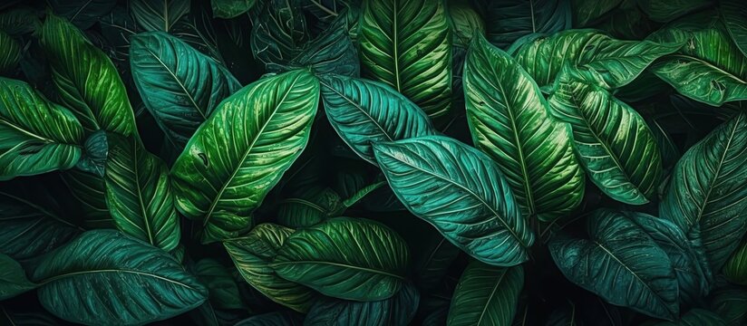 Group background of dark green tropical leaves. Panoramic background. Generative AI illustration. © Anastasia
