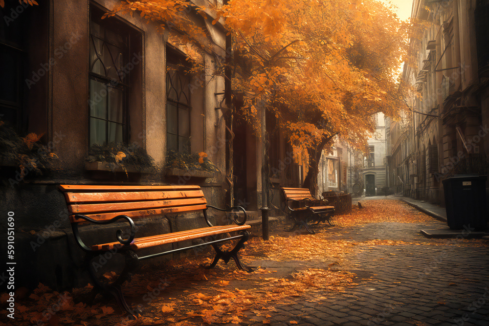 Poster Benches in a park in autumn. Created with Generative AI technology.