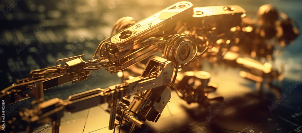 Poster generic industrial robotic gears close up. created with generative ai technology.