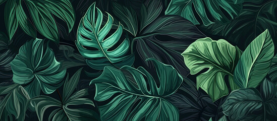 Background of dark green tropical leaves. Panoramic background. Generative AI illustration.
