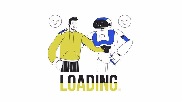 AI human collab loader animation. Working with robot together. Flash message 4K video footage. Isolated outline colour loading progress indicator with alpha channel transparency for UI, UX web design