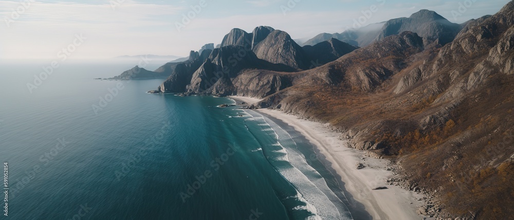 Wall mural View of the island in the middle of the sea with clear blue water and green palm trees.Aerial view. Panoramic shot. Generative AI