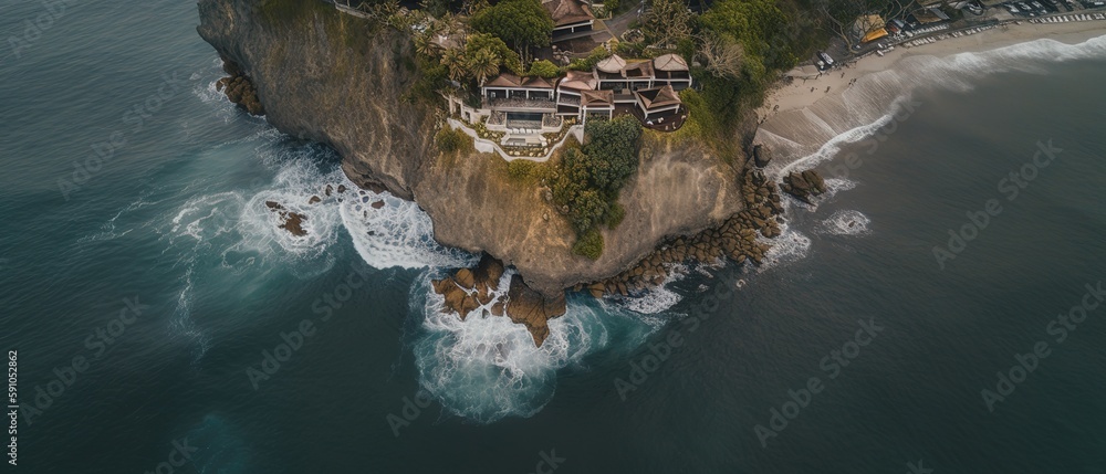 Poster view from the height of a sandy island in the middle of the sea with a city.aerial view. panoramic s