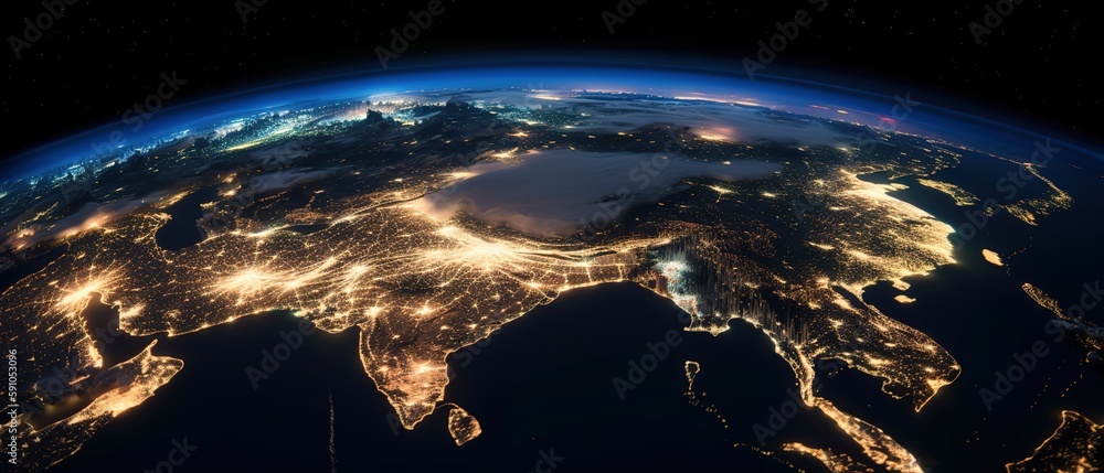 Poster View of the planet earth from space.Aerial view. Panoramic shot. Generative AI