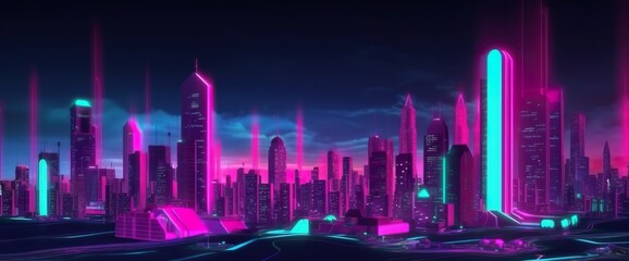 Naklejka na ściany i meble Cyberpunk neon city street at night. Futuristic city scene in a style of classic cyberpunk. 80's wallpaper. Retro future Generative AI illustration. Urban scene.