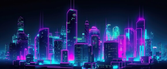 Obraz na płótnie Canvas Cyberpunk neon city street at night. Futuristic city scene in a style of classic cyberpunk. 80's wallpaper. Retro future Generative AI illustration. Urban scene.