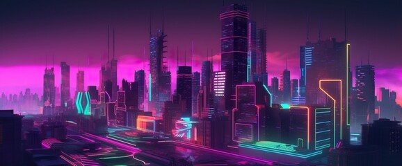 Obraz na płótnie Canvas Cyberpunk neon city street at night. Futuristic city scene in a style of classic cyberpunk. 80's wallpaper. Retro future Generative AI illustration. Urban scene.