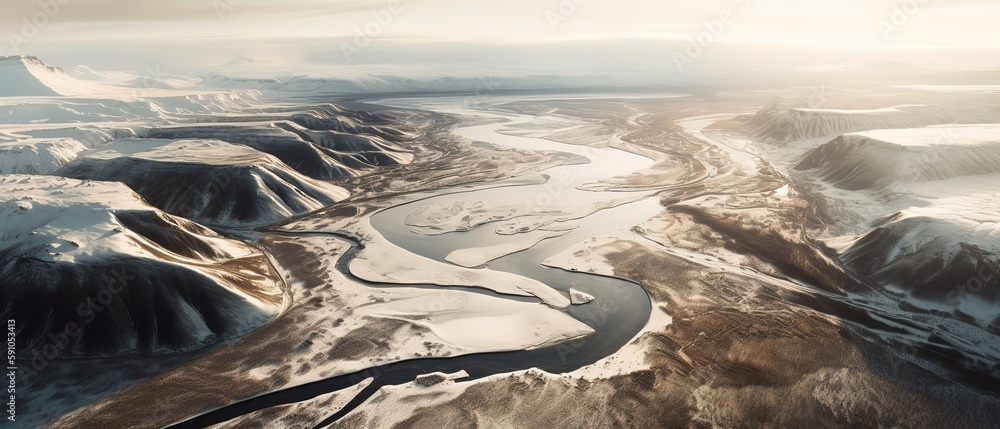 Poster View from the height of the river with ice mountain river.Aerial view. Panoramic shot. Generative AI