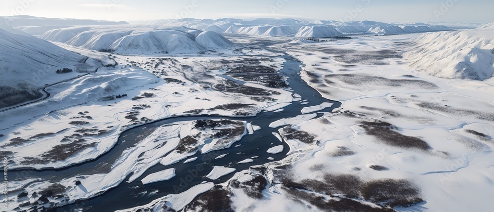 Poster view from the height of the river with ice mountain river.aerial view. panoramic shot. generative ai