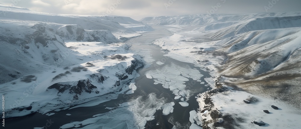 Poster View from the height of the river with ice mountain river.Aerial view. Panoramic shot. Generative AI