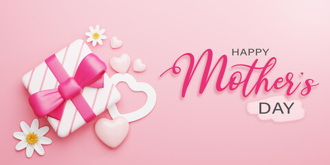 Fototapeta na wymiar 3d Rendering. Happy mother's day illustration. Gift box and heart shape, flower on pink background.
