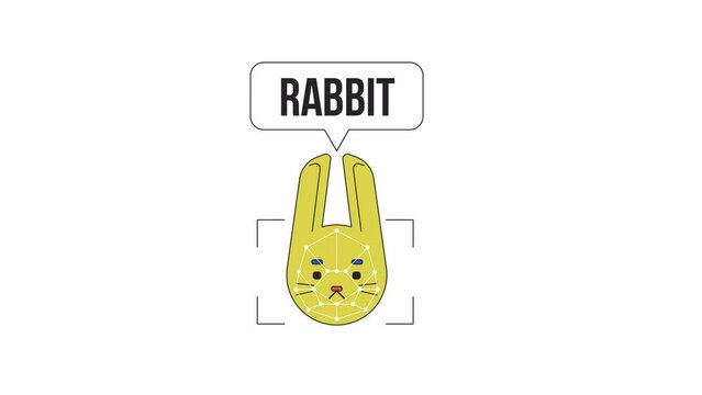Rabbit image recognition animation. Animated animal 2D cartoon flat colour line character. Vision-based deep learning 4K video concept footage on white with alpha channel transparency for web design