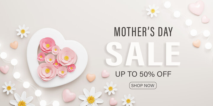 3d Rendering. Mother's Day Sale Banner illustration. heart shape and rose flower on gray background.
