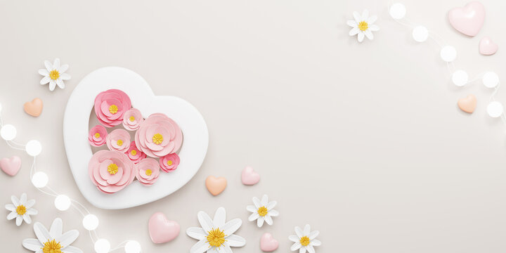 3d Rendering. Design for Mother's Day and Valentine Day illustration. heart shape and rose flower on gray background. With Copy space.