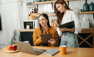 Portrait of success business people working together in office. Couple teamwork startup concept