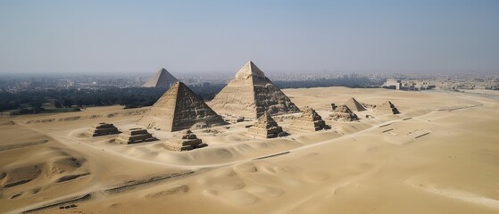 View from the height of the desert with pyramids.Aerial view. Panoramic shot. Generative AI - obrazy, fototapety, plakaty