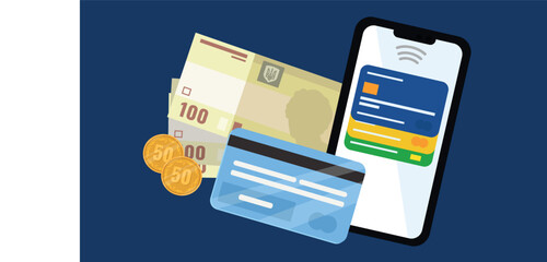 Payment online concept with mobile phone and credit card. Vector illustration