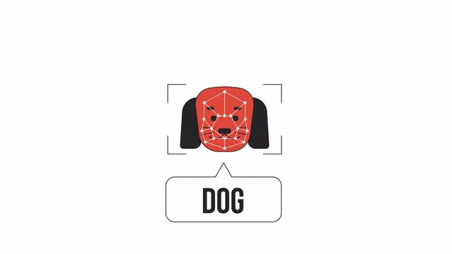 Dog image identification animation. Animated pet 2D cartoon flat colour line character. Vision-based deep learning 4K video concept footage on white with alpha channel transparency for web design