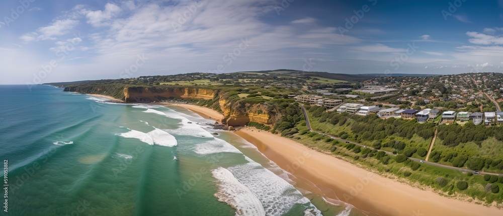 Aufkleber top view of a beautiful tropical beach with sea waves.aerial view. panoramic shot. generative ai