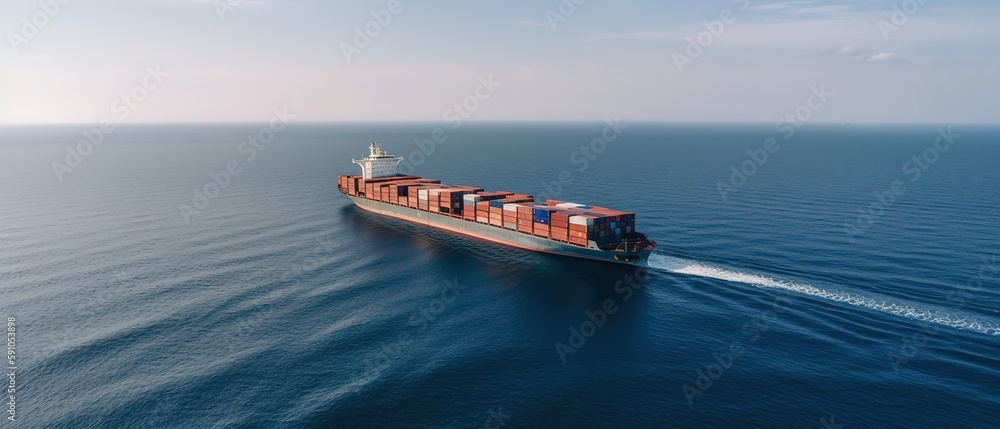 Poster top view from the height of the loading and unloading of a container ship.aerial view. panoramic sho