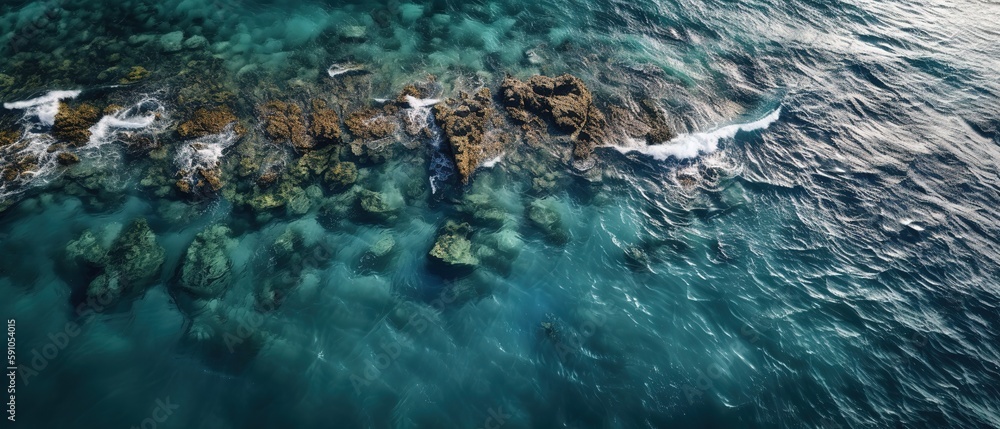 Poster a beautiful picture of a rocky beach with a cliff from above.aerial view. panoramic shot. generative