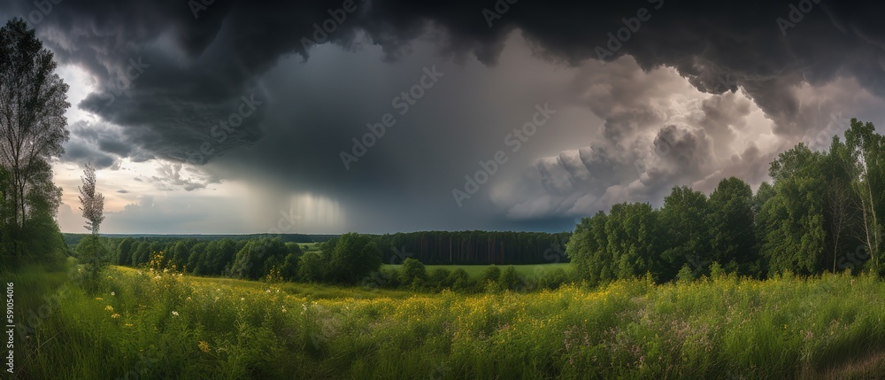 Poster View of the forest and field in bad weather with clouds and rain.Aerial view. Panoramic shot. Generative AI