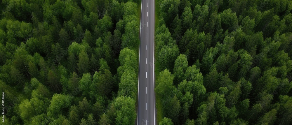 Poster bird's-eye view of the road in the middle of the forest.aerial view. panoramic shot. generative ai
