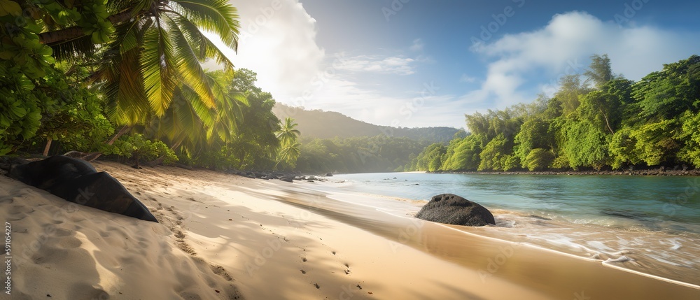 Aufkleber top view of a beautiful tropical beach with sea waves.aerial view. panoramic shot. generative ai