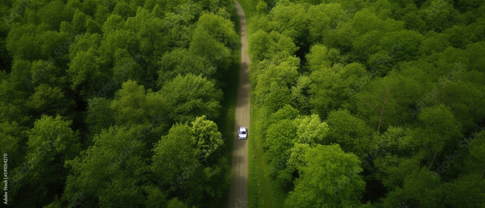 Poster Bird's-eye view of the road in the middle of the forest.Aerial view. Panoramic shot. Generative AI