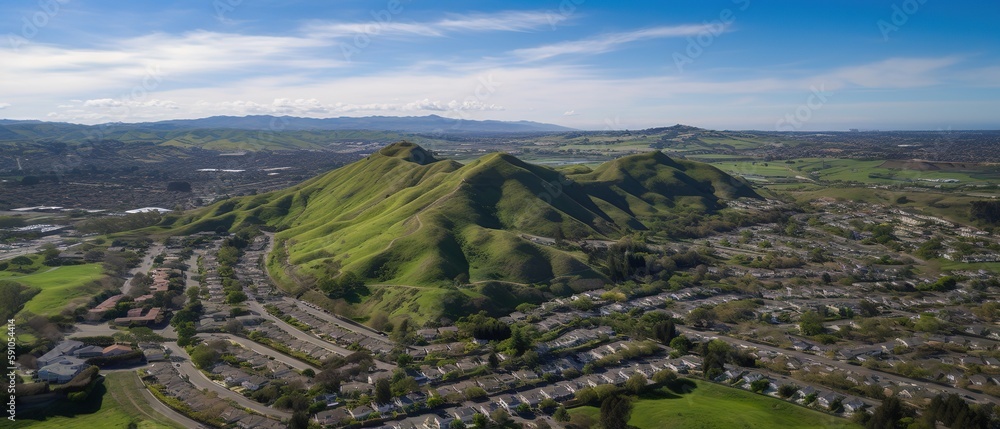 Poster A view from a height of a mountain peak with green trees in the fog.Aerial view. Panoramic shot. Generative AI