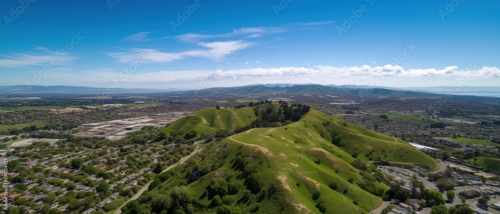Poster A view from a height of a mountain peak with green trees in the fog.Aerial view. Panoramic shot. Generative AI