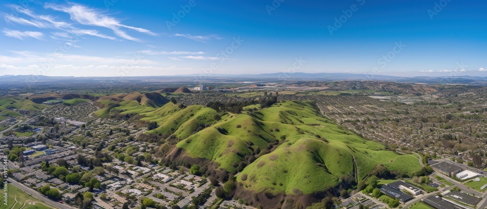 Sticker A view from a height of a mountain peak with green trees in the fog.Aerial view. Panoramic shot. Generative AI