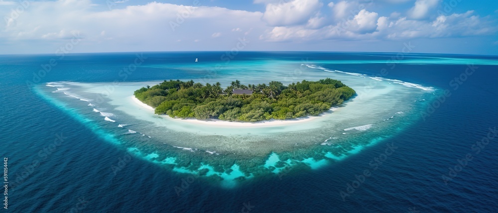 Poster view of the island in the middle of the sea with clear blue water and green palm trees.aerial view. 