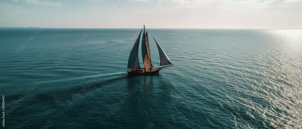 Poster View from the height of the lake with a sailboat.Aerial view. Panoramic shot. Generative AI