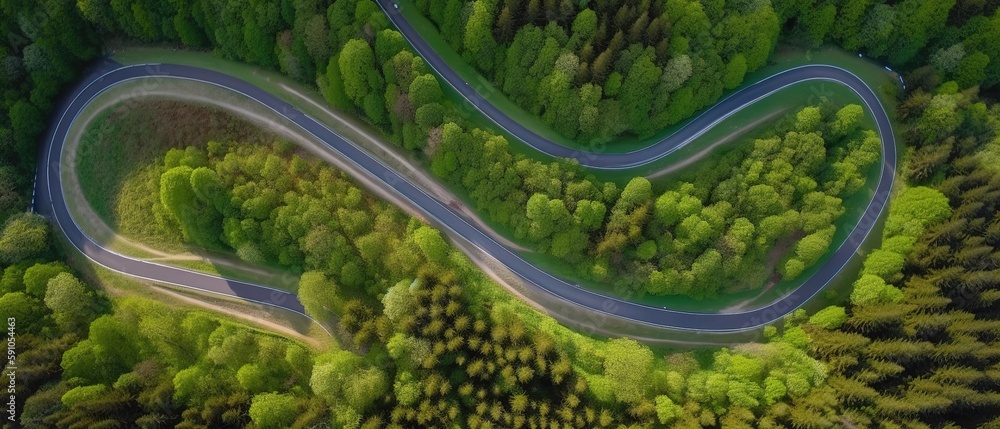 Poster bird's-eye view of the road in the middle of the forest.aerial view. panoramic shot. generative ai