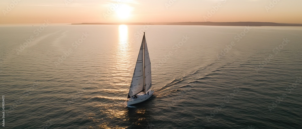 Poster View from the height of the lake with a sailboat.Aerial view. Panoramic shot. Generative AI