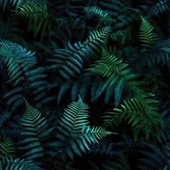 Illustration, nahtlose, grüne und dunkelblaue Farn Tapeten Textur, Dschungelhintergrund, Generative AI © Jennifer