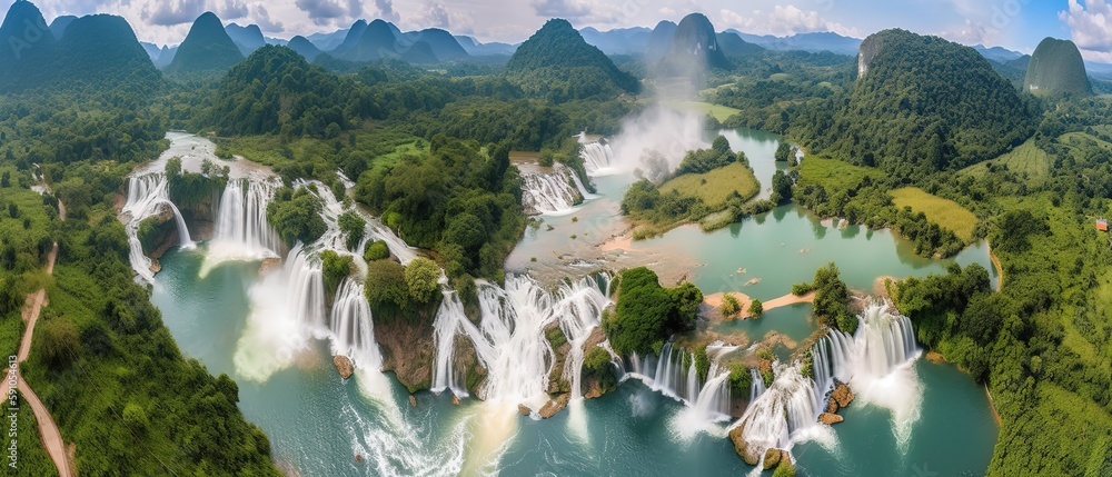 Poster view from the height of the mountains with waterfalls on a sunny day.aerial view. panoramic shot. ge