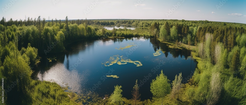 Poster view from the height of the lake in the middle of the forest.Aerial view. Panoramic shot. Generative AI
