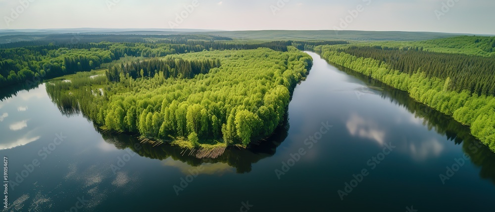Poster view from the height of the lake in the middle of the forest.Aerial view. Panoramic shot. Generative AI