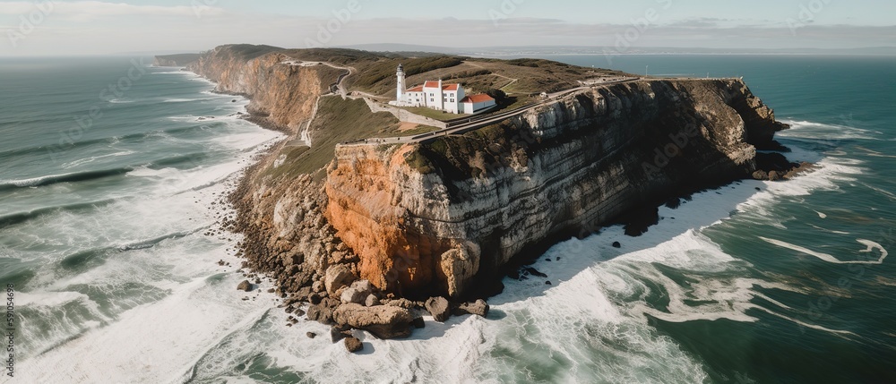 Poster View of the lighthouse on the edge of the hill around the sea.Aerial view. Panoramic shot. Generative AI