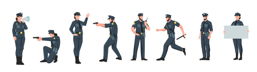 Policeman and policewoman. Male and female police officers in different poses, cartoon cop characters working at enforcement job. Vector flat set