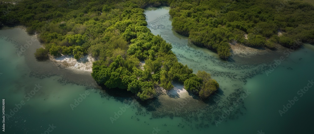 Poster view of the island in the middle of the sea with clear blue water and green palm trees.aerial view. 
